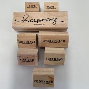 Stampin Up! Retired Wood Mounted 8pc Stamp Set “Happy Everything”